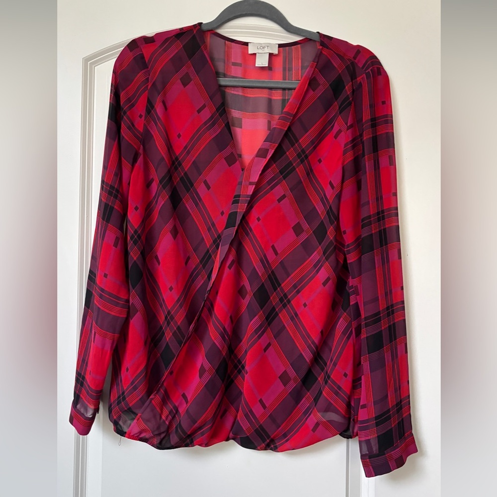 LOFT Red and Black Plaid Blouse